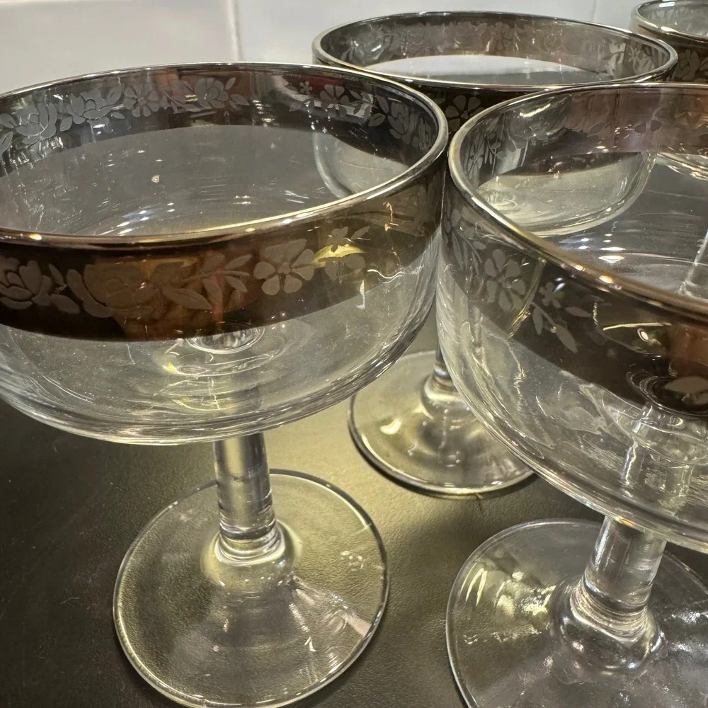 Vintage Champagne Coupe Set 6 Silver Floral Etched Rim Mid Century Clear Glass